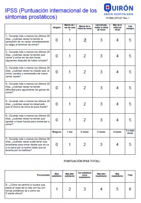 Sistema de puntuación IPSS (Escala Internacional de Síntomas Prostáticos). Debe entregarse a todos los pacientes con HBP al menos en una primera visita.