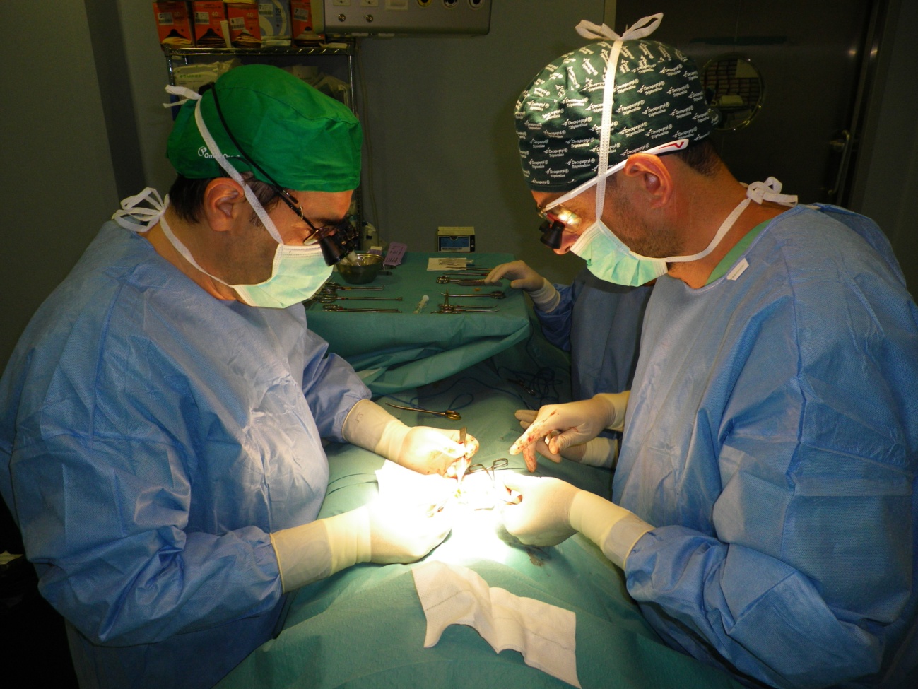 Dr. Gómez Pascual (a la derecha) y Dr. Antuña Calle (a la izquierda) realizando una vaso-vasostomía y biopsia testicular simultánea a un paciente en Hospital Quirón Málaga.